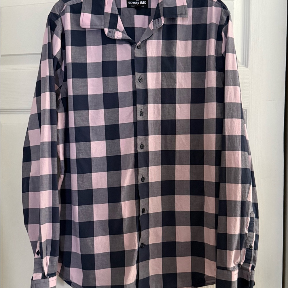 Express Men's Pink and Black Checkered Shirt